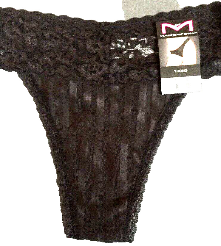 Maidenform Black Thong Panties One Size Sexy Sheer Floral Lace Waist NWT