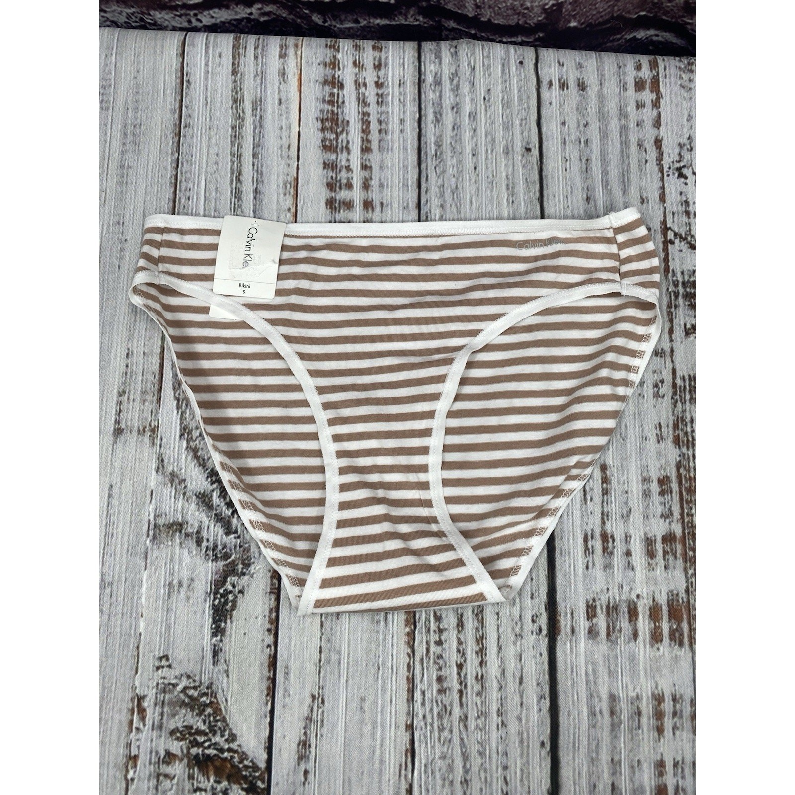 Calvin Klein Beige Stripe SZ S Cotton Form Bikini Underwear Panties QD3644