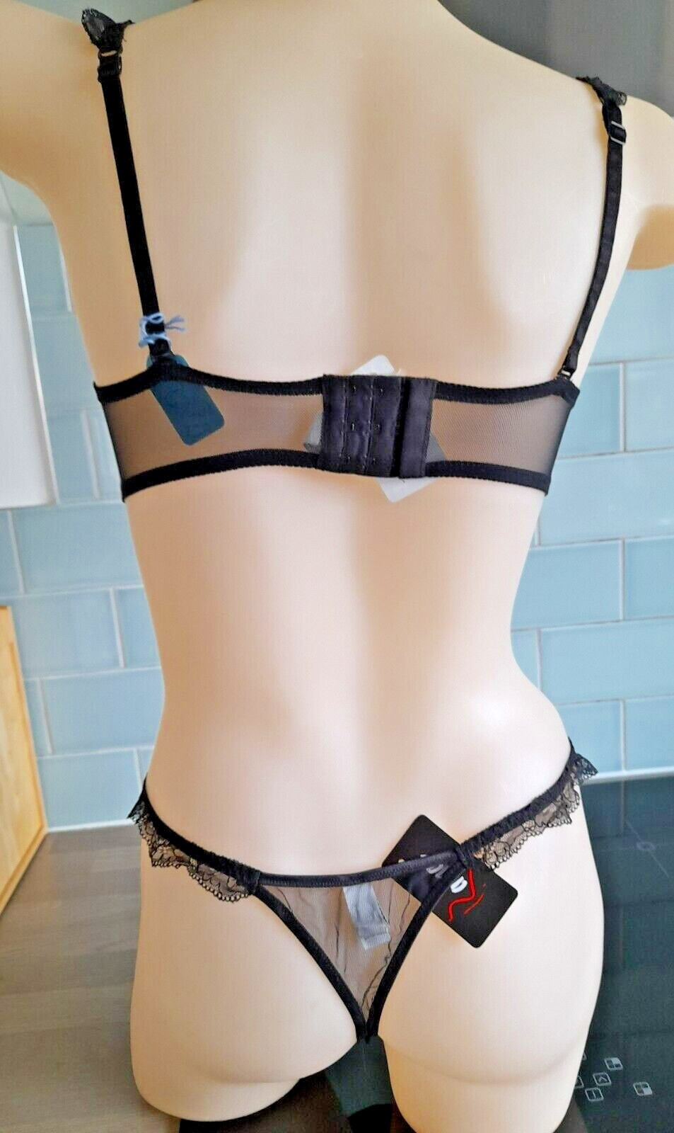 Ravage ACANTHUS Black Satin/Lace/Mesh REDOUTER String Sided Thong