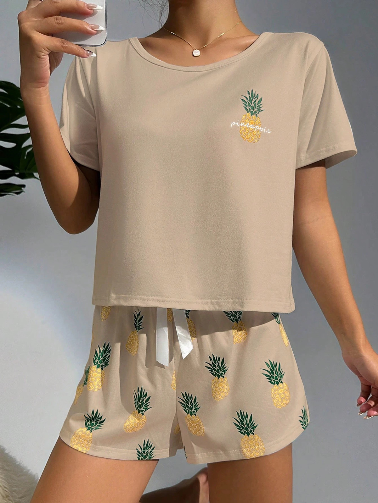 Ladies Pineapple Pattern T Shirt & Shorts Pyjama Set Cheap24