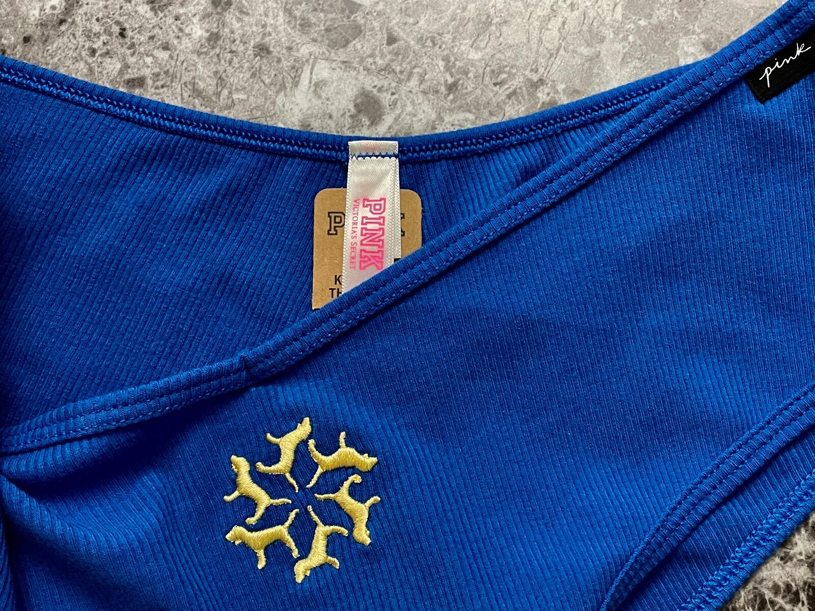 NWT VICTORIA’S SECRET PINK LARGE BLUE GOLD DOG RIB RIBBED KNIT CHEEKSTER PANTIES