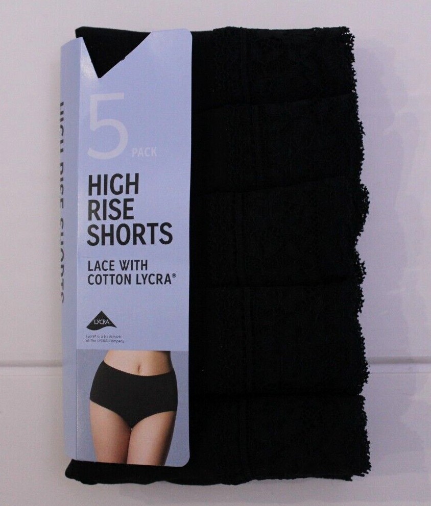 Ex M & S Ladies 5 Pack Cotton Lycra Lace High Rise Shorts Briefs Midis Underwear