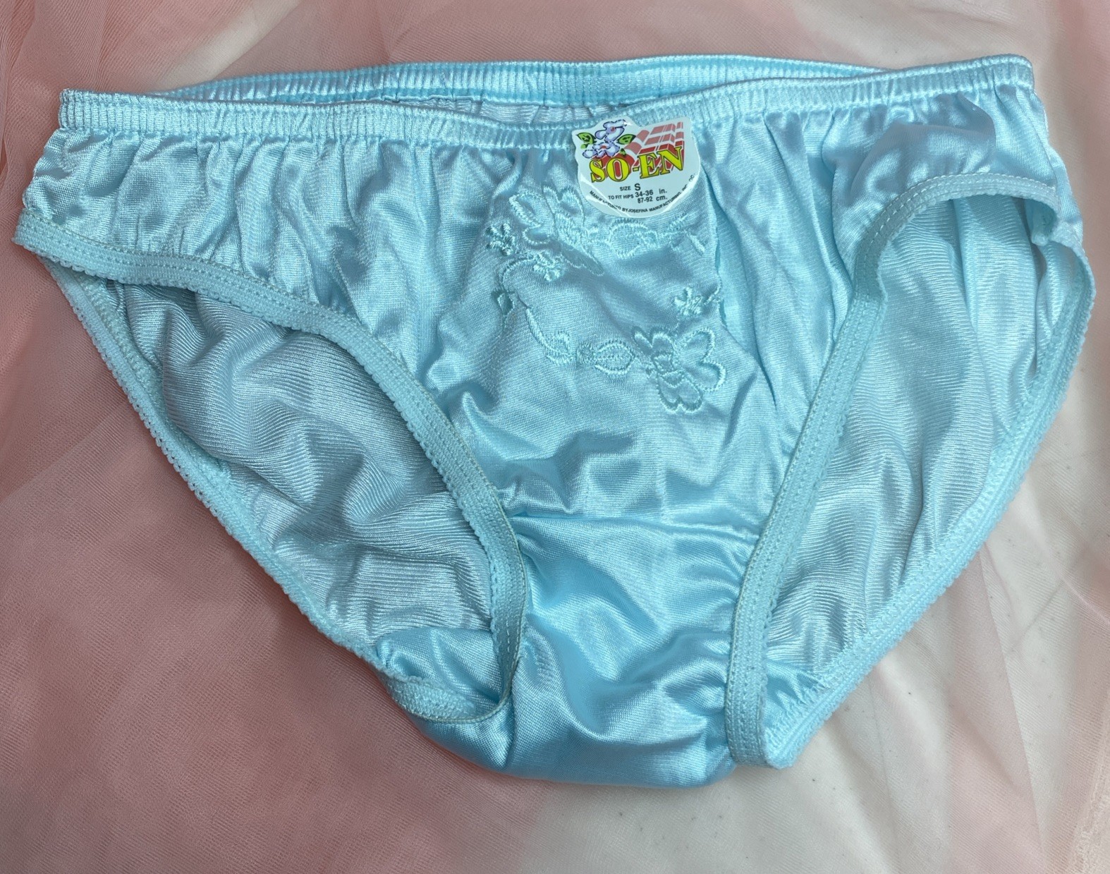 SO-EN Panties Silky Embroidered Blue Nylon Double Layer Gusset Size S