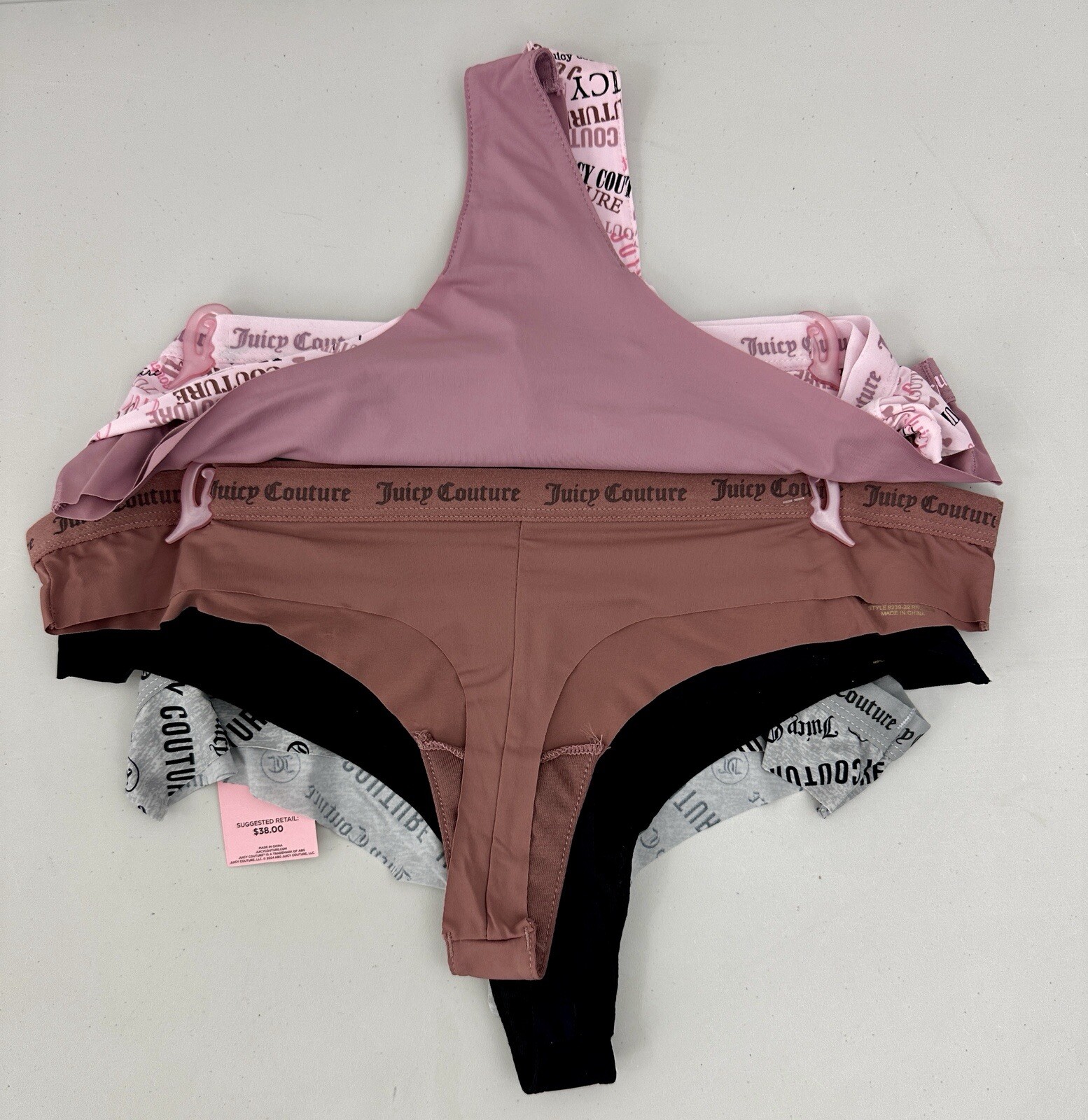 Juicy Couture Women’s L 5-Pack Thong Pinks, Grey & Black Logo & Solid Patterns