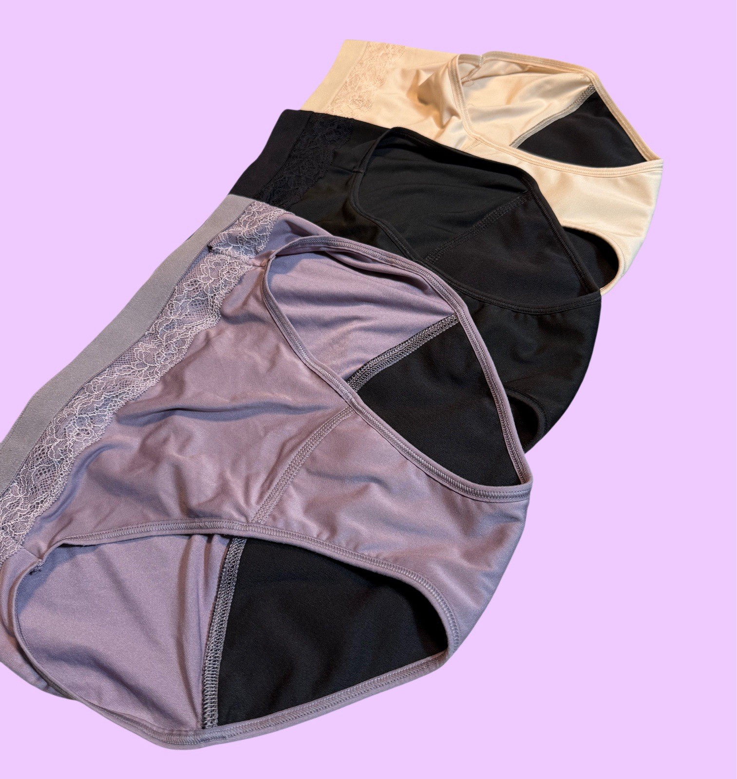 3 Pair Bali Absorbent (period) Panties New w/o Tags. 7/L lavender, beige, black