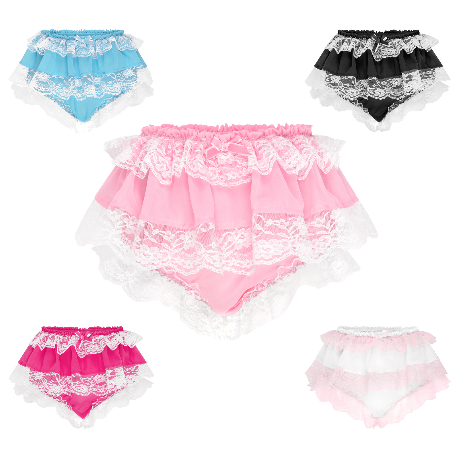 Satini Frilly Lace Sissy Ruffled French Knickers Briefs Lingerie Sheer Panties