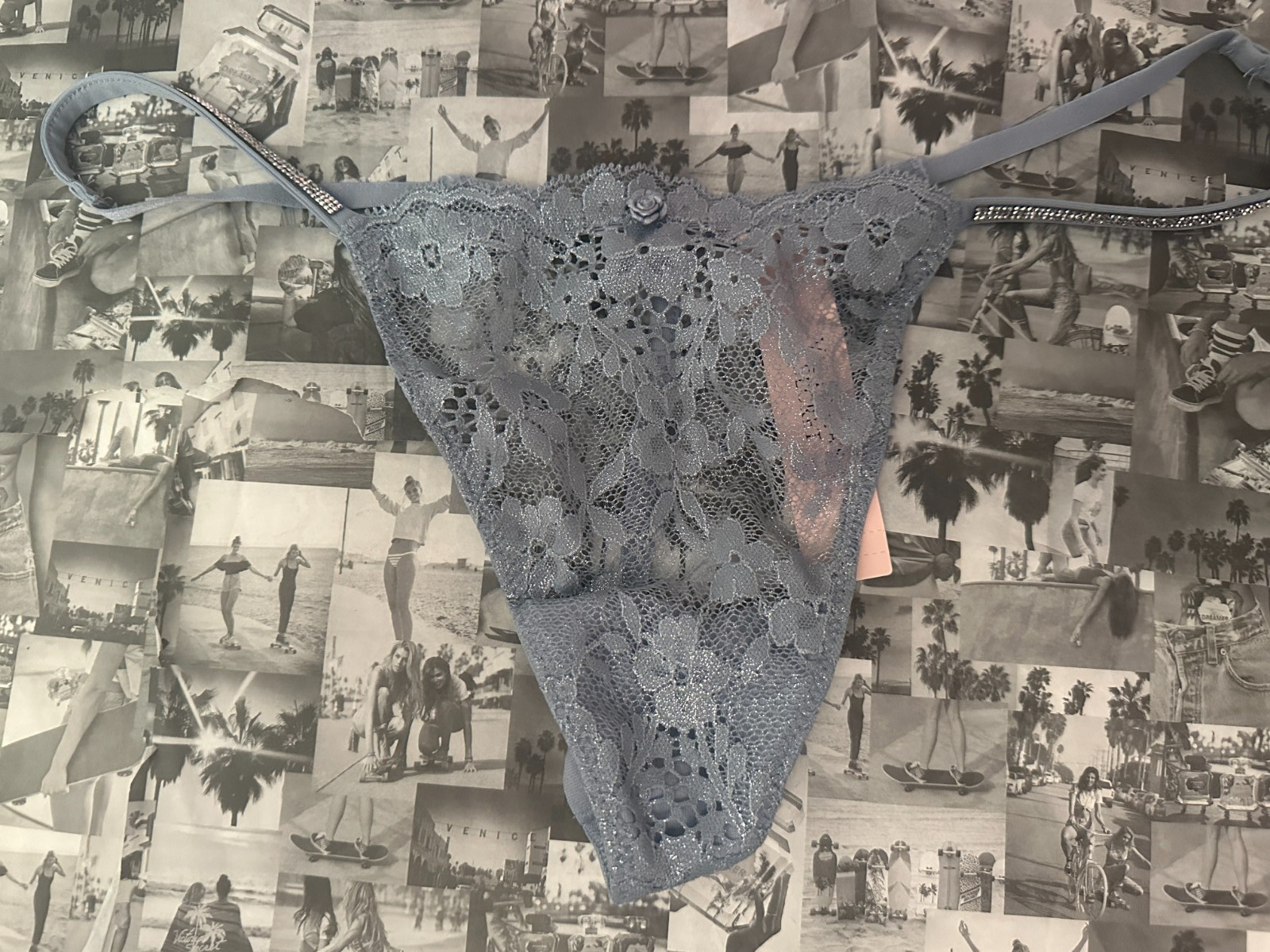NWT Victoria’s Dream Angels Twinkle Silver Lace V-String Panty Blue Grey Medium