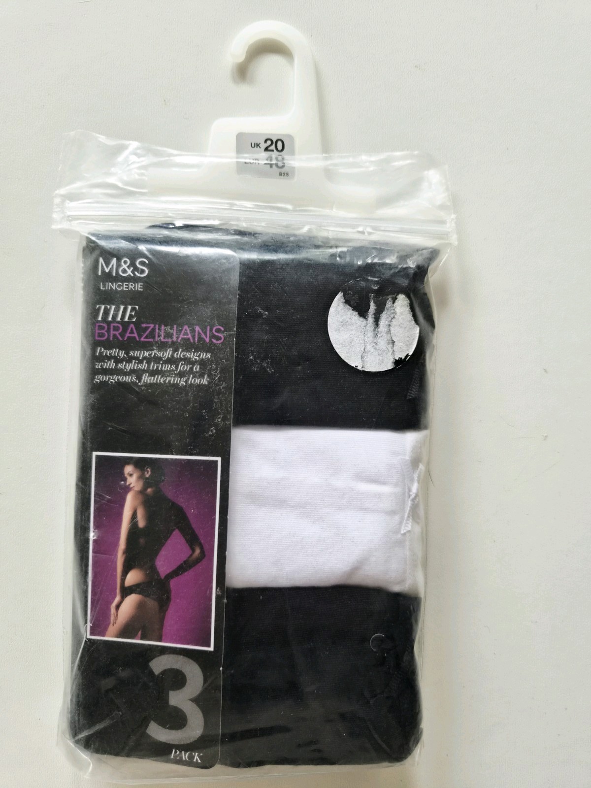 M&S SIZE 20 BRAZILIANS KNICKERS 3 PAIRS NEW BLACK WHITE MARKS AND SPENCER