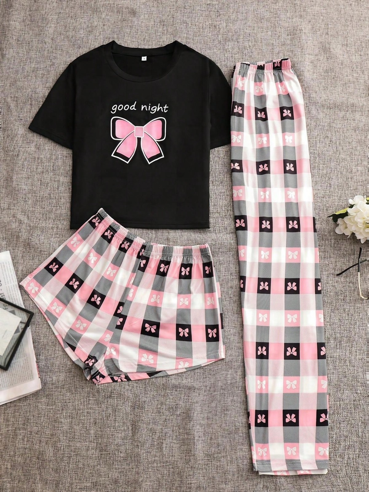 Ladies Chic Bow & Check T Shirt Shorts Pyjama Set Cheap24