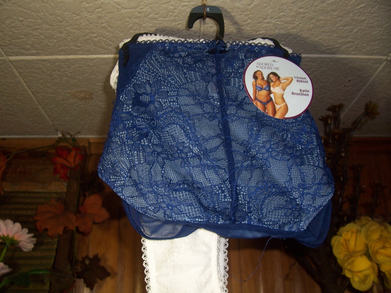 ADORED BY ME WOMENS UNDERWEAR PANTIES BIKINI BRAZILIAN STYLE BLUE WHITE LACE 3XL