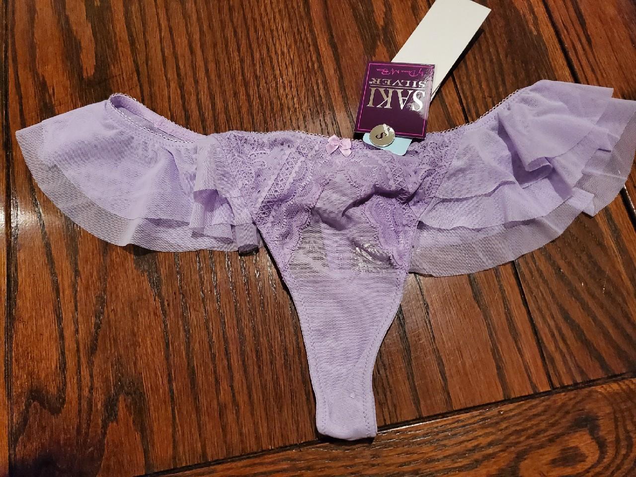 NWT SAKI SILVER NYLON SPANDEX THONG PANTIES w RUFFLE 121032 LILAC S