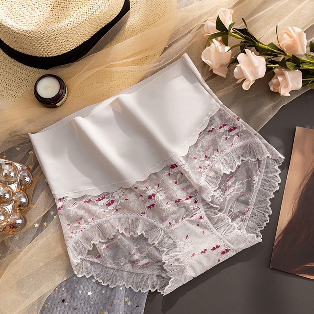 Ice Silk Women’s Control Waist Embroidered Lace Briefs Polyester Underwear