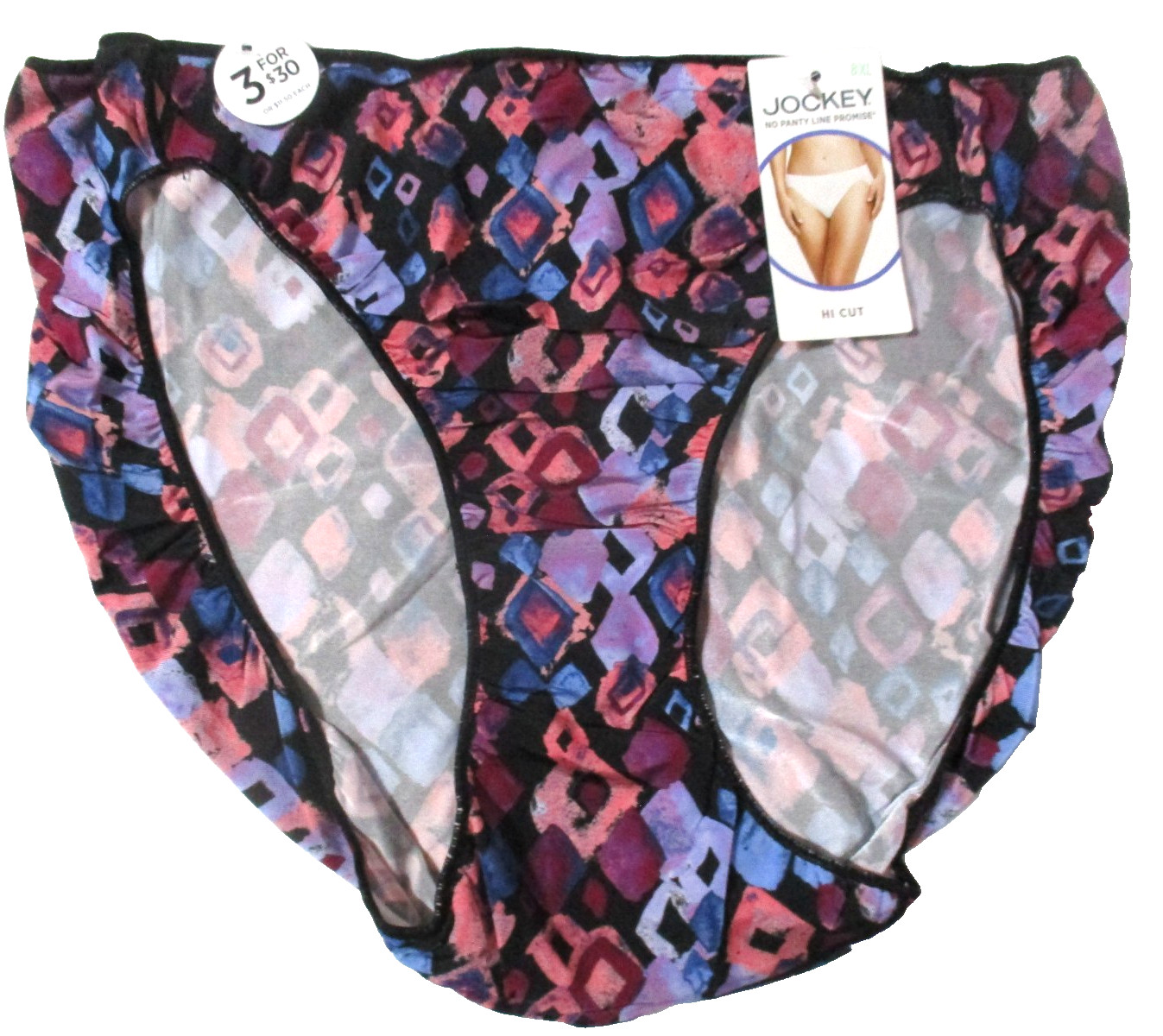 JOCKEY SZ 8 XL HI CUT 1338 TACTEL NO PANTY LINE PROMISE MULTICOLOR GEO PANTIES