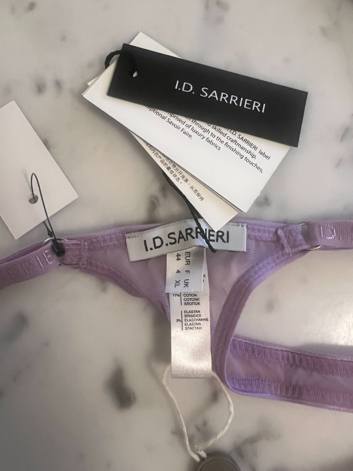 I.D. SARRIERI Petal Bloom scalloped embroidered tulle thong – Lilac Sz L – BNWT