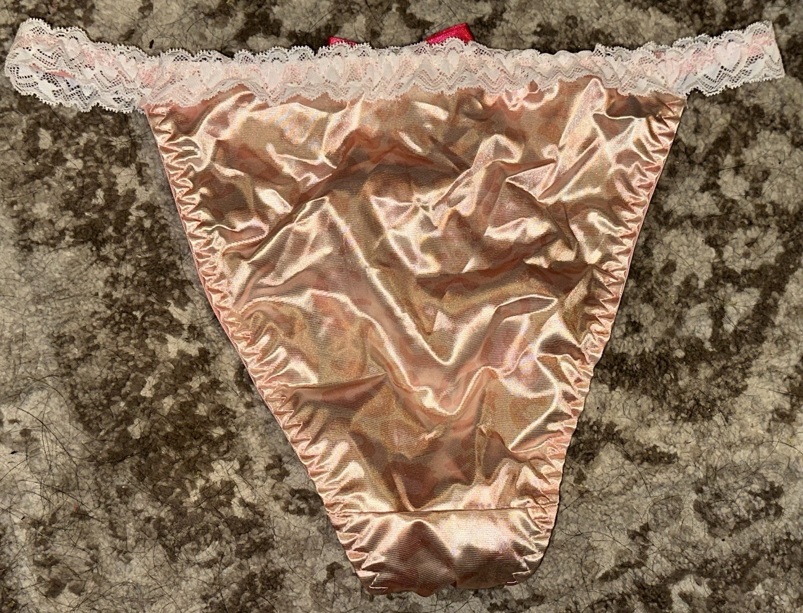 Vtg Styl Peach Animal Print 2nd Skin Satin & Lace String Bikini Panties XXL NEW