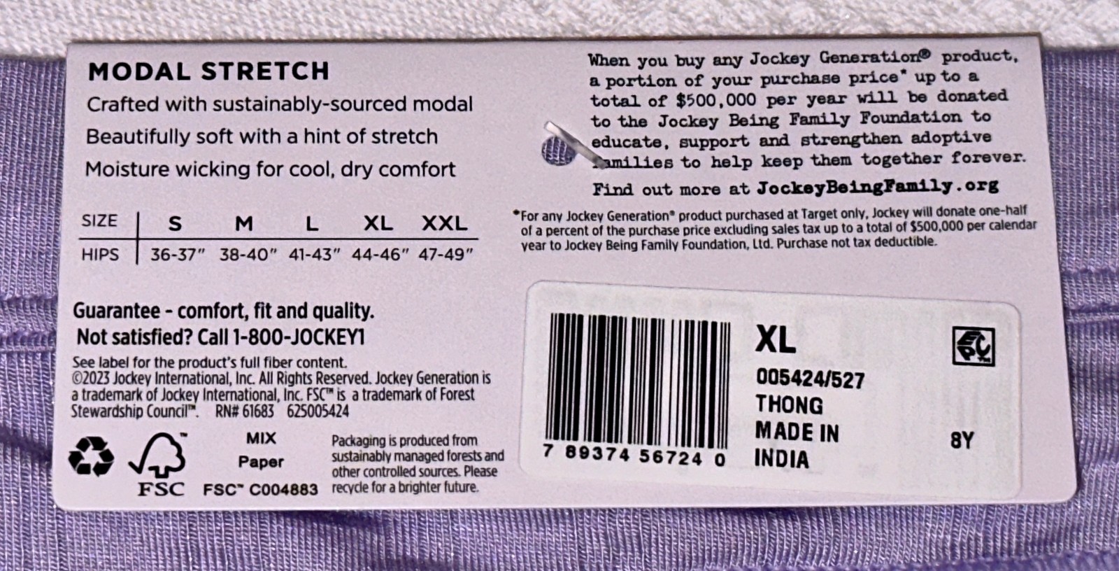 JOCKEY Generation Soft Touch Breath Lavender Thong Panty Womens S M L XL 2XL