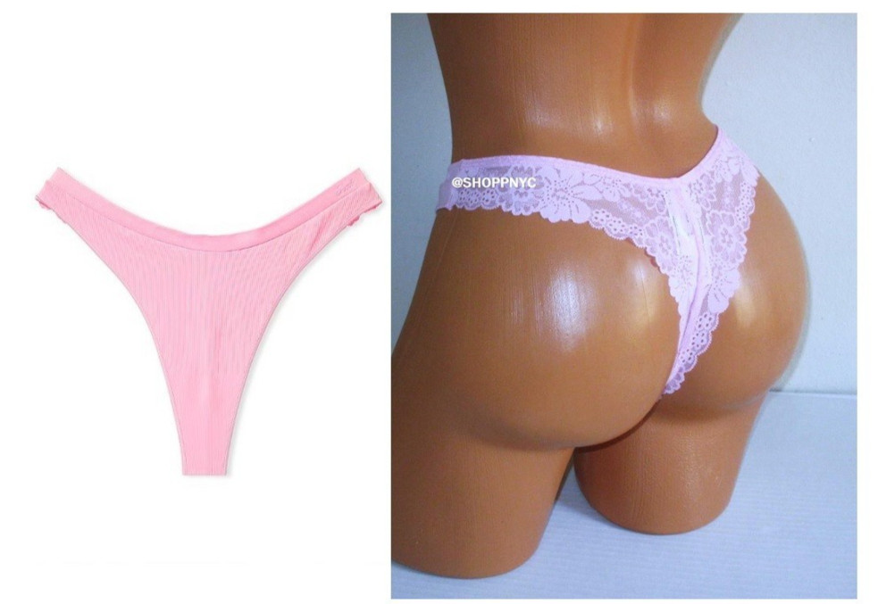 PINK VICTORIAS SECRET Seamless High Leg Thong Panty S M L XL Ribbed lace back