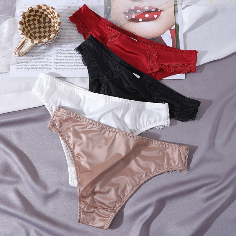4-piece set of sexy women’s satin underwear, bikini thong underwear, lingerie