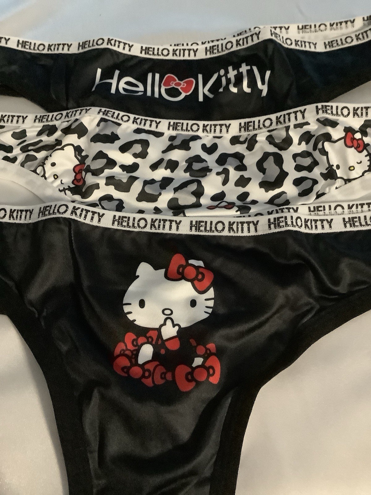 Women’s Teens Hello Kitty Thong Panties Black White Leopard Cartoon 3pk Medium
