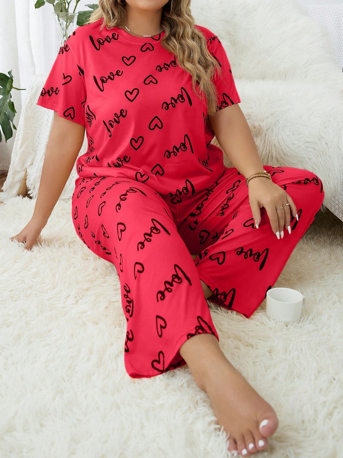 Ladies Plus Size Pyjama Set With Heart And Letters Graphic From Top Cheap24