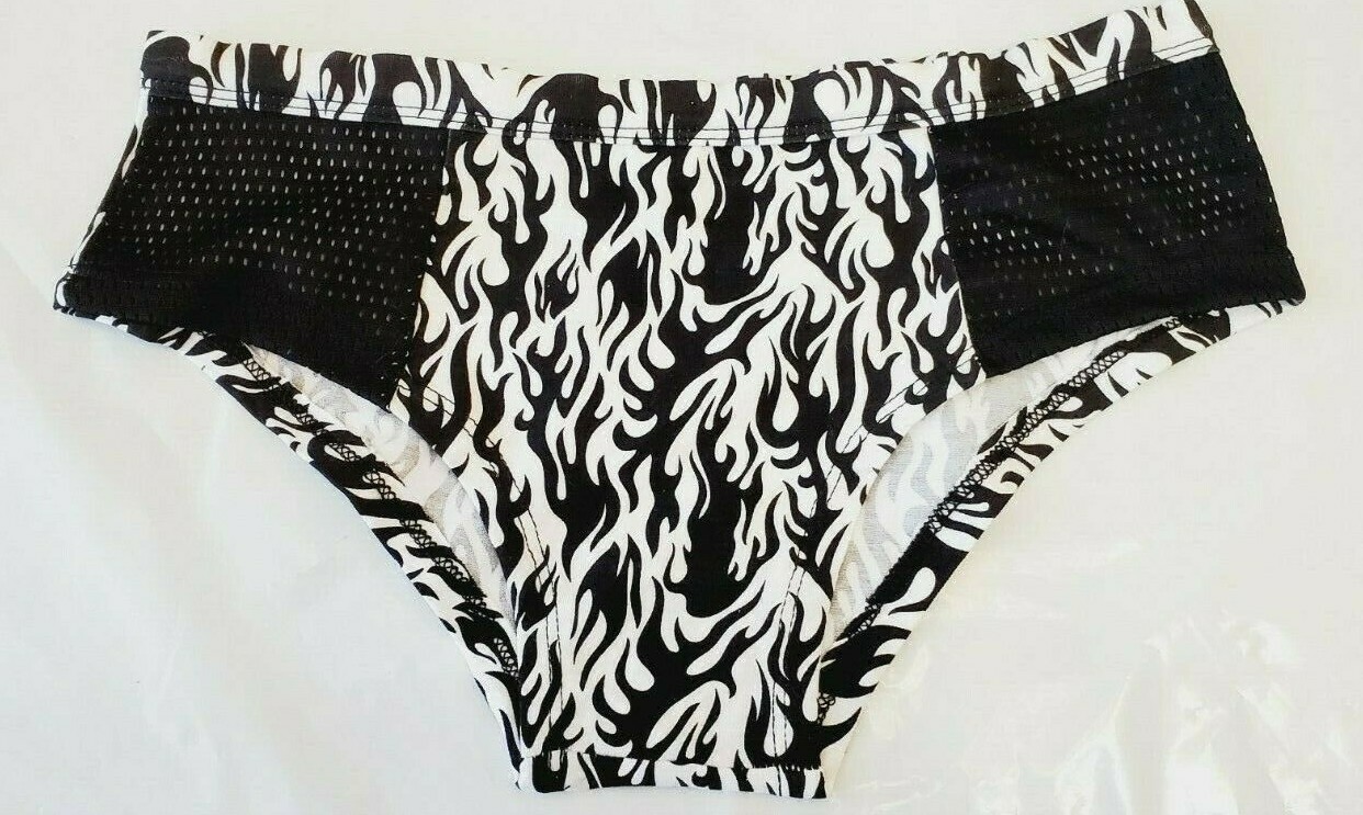 Rue 21 Women’s Bikini Panties MEDIUM White W Black Flames Mesh Front Panels New