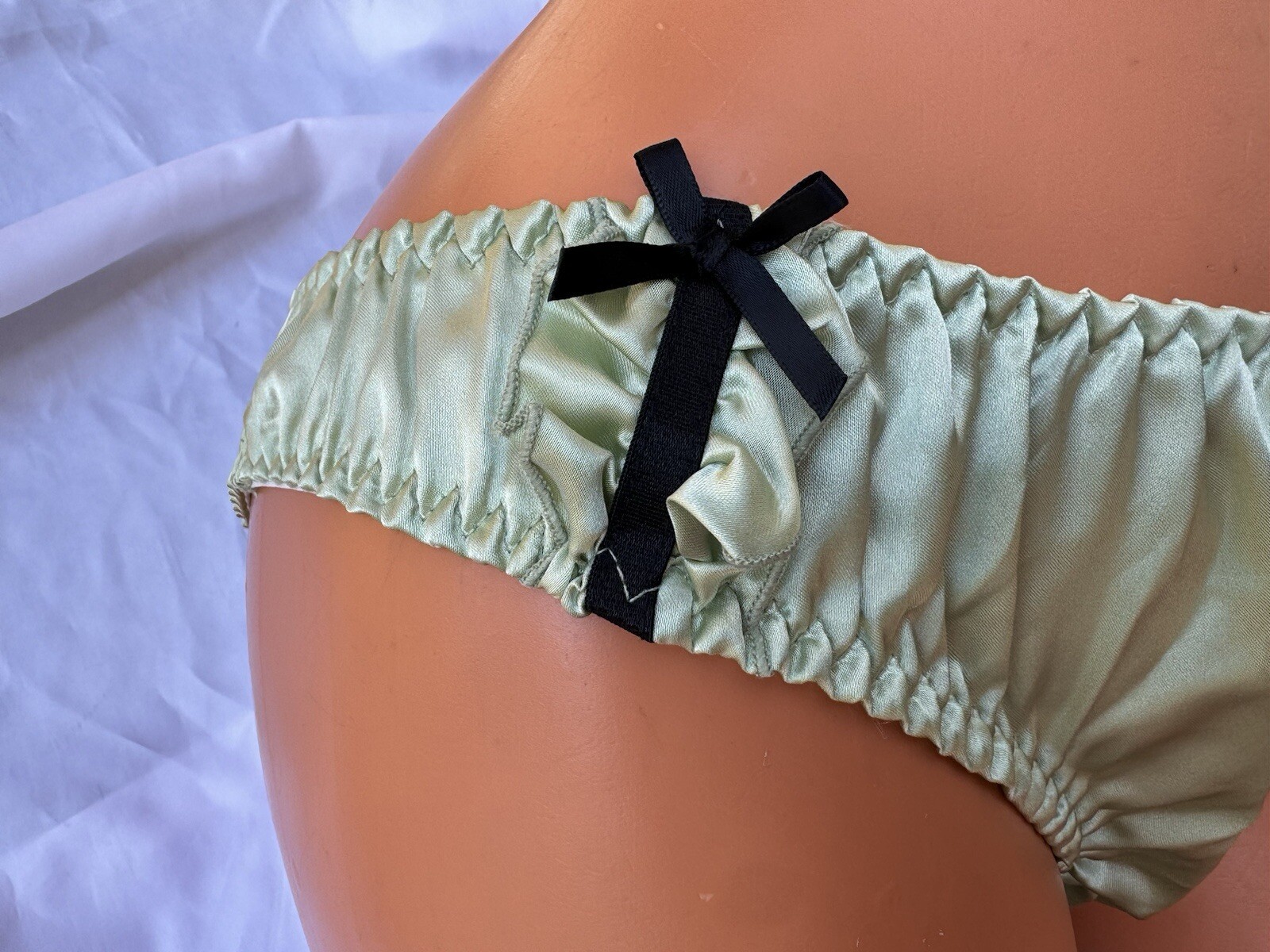Light Moss Green Silky Satin Bikini Panties Ruffle Black Side Bows Sz XL