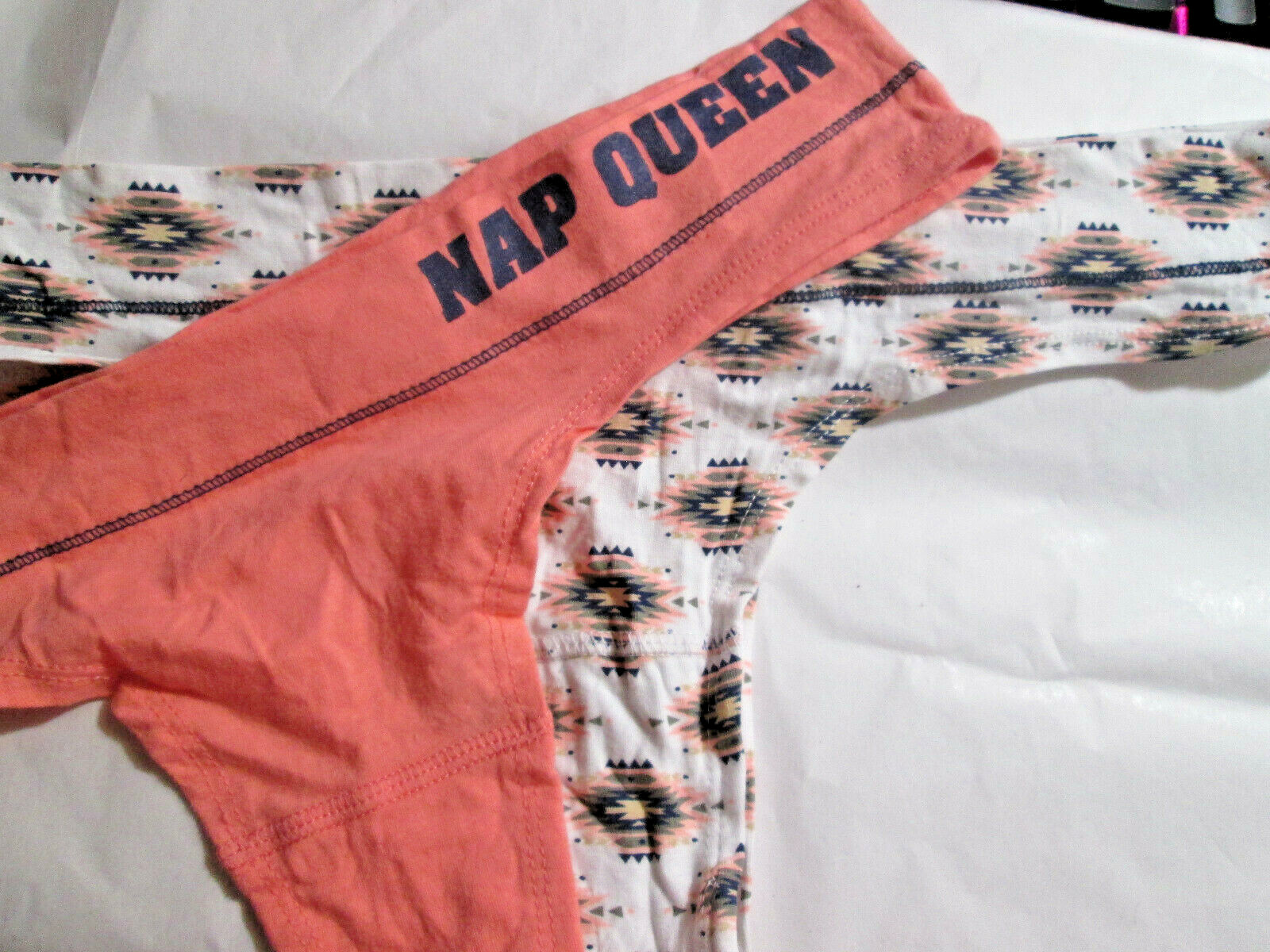 2 New 95% Cotton Thong Panties 💕 Size XL Set of ‘Nap Queen’ + White Peach Geo