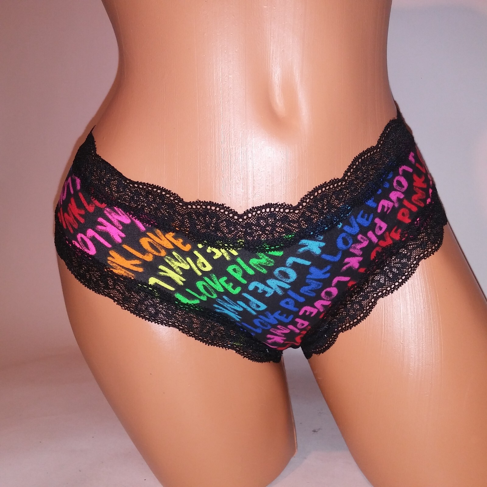 Victoria Secret PINK Panty Cheekster Black Lace Colorful Rainbow Allover Logo