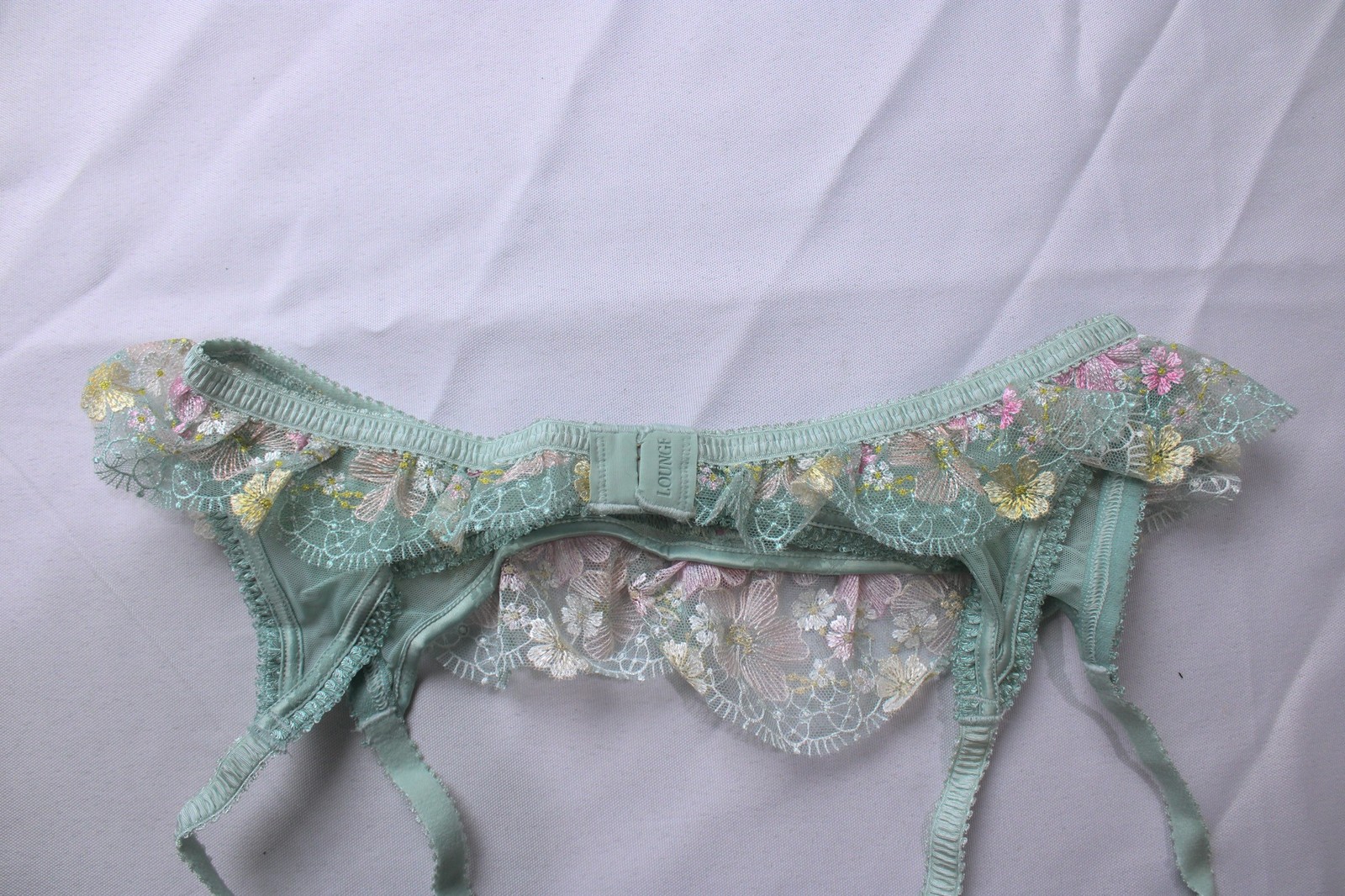 Lounge Women’s Embroidered Lace Thalia Thong and Suspender Set ZG3 Green Medium