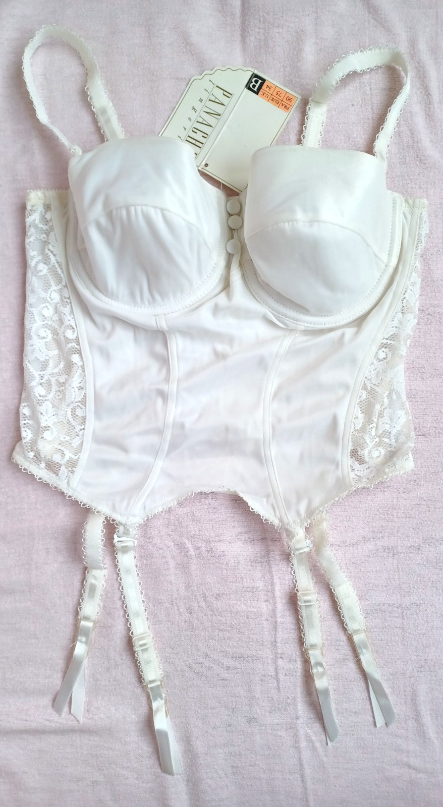 PANACHE Lingerie Beautiful Cream Smooth Satin Side Lace Suspender Basque Sze 34B