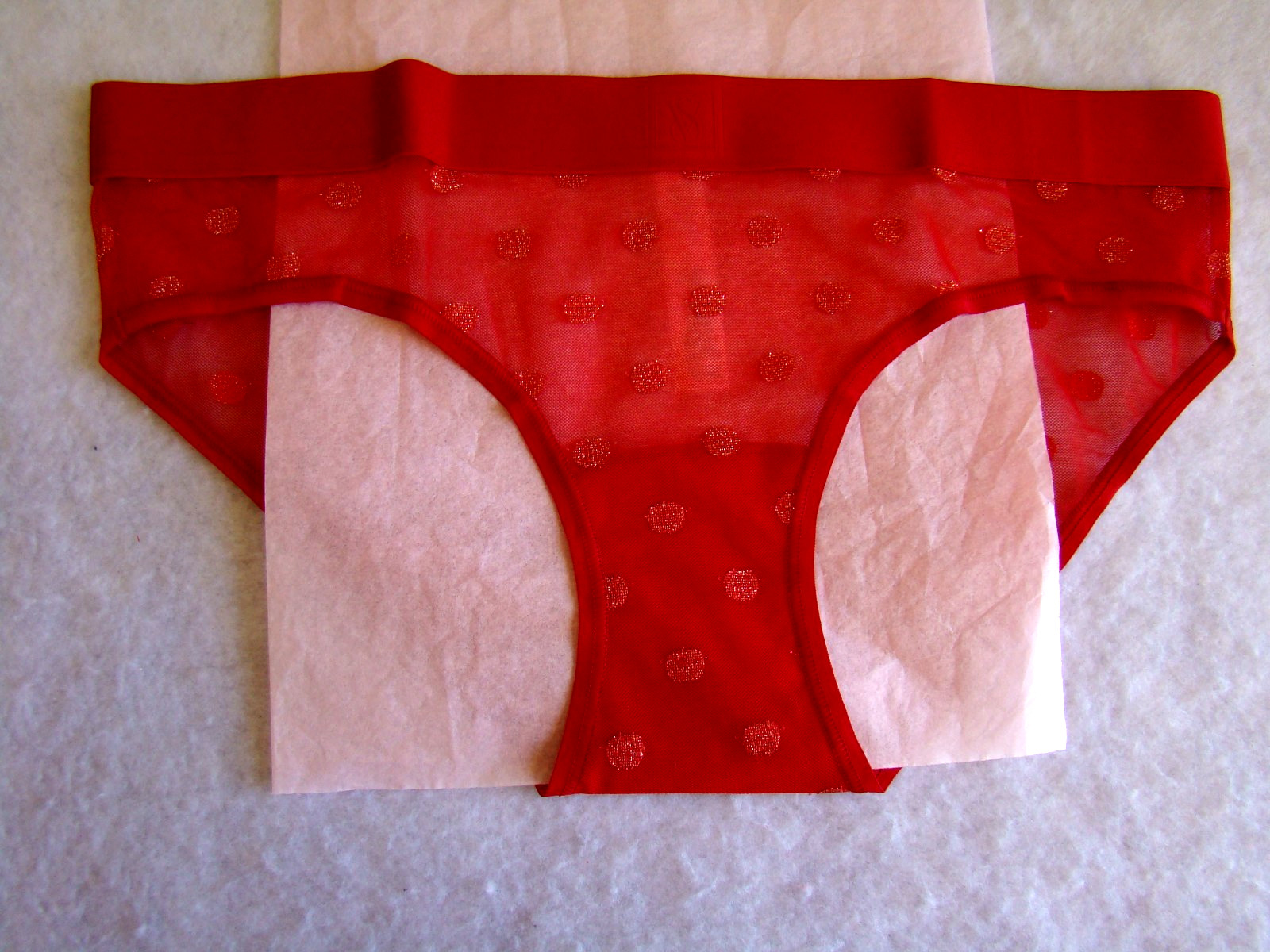 New Victoria’s Secret Red Gold Polka Dot Sheer Shimmer Hiphugger Hipster Panty