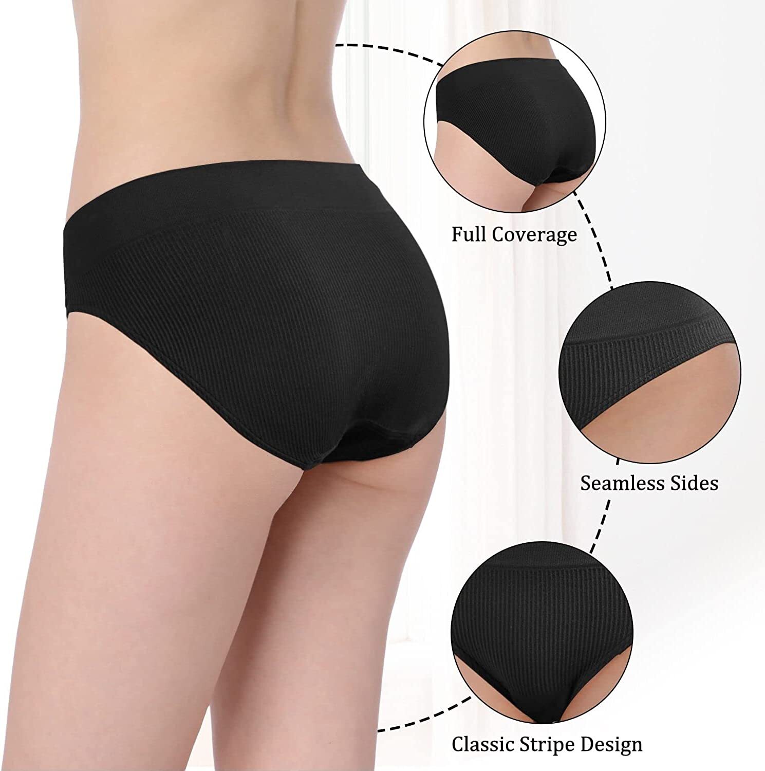 Women’s Seamless Ribbed Bikini Underwear, Stretch Cheeky No Show Nylon Panties 5