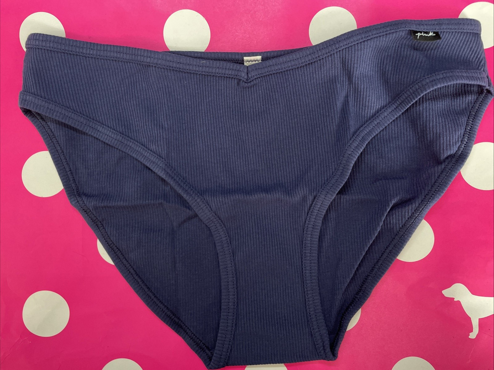 NEW 2023 Victoria’s Secret PINK Bikini Panties Ribbed Panty L Navy Blue Logo Tab