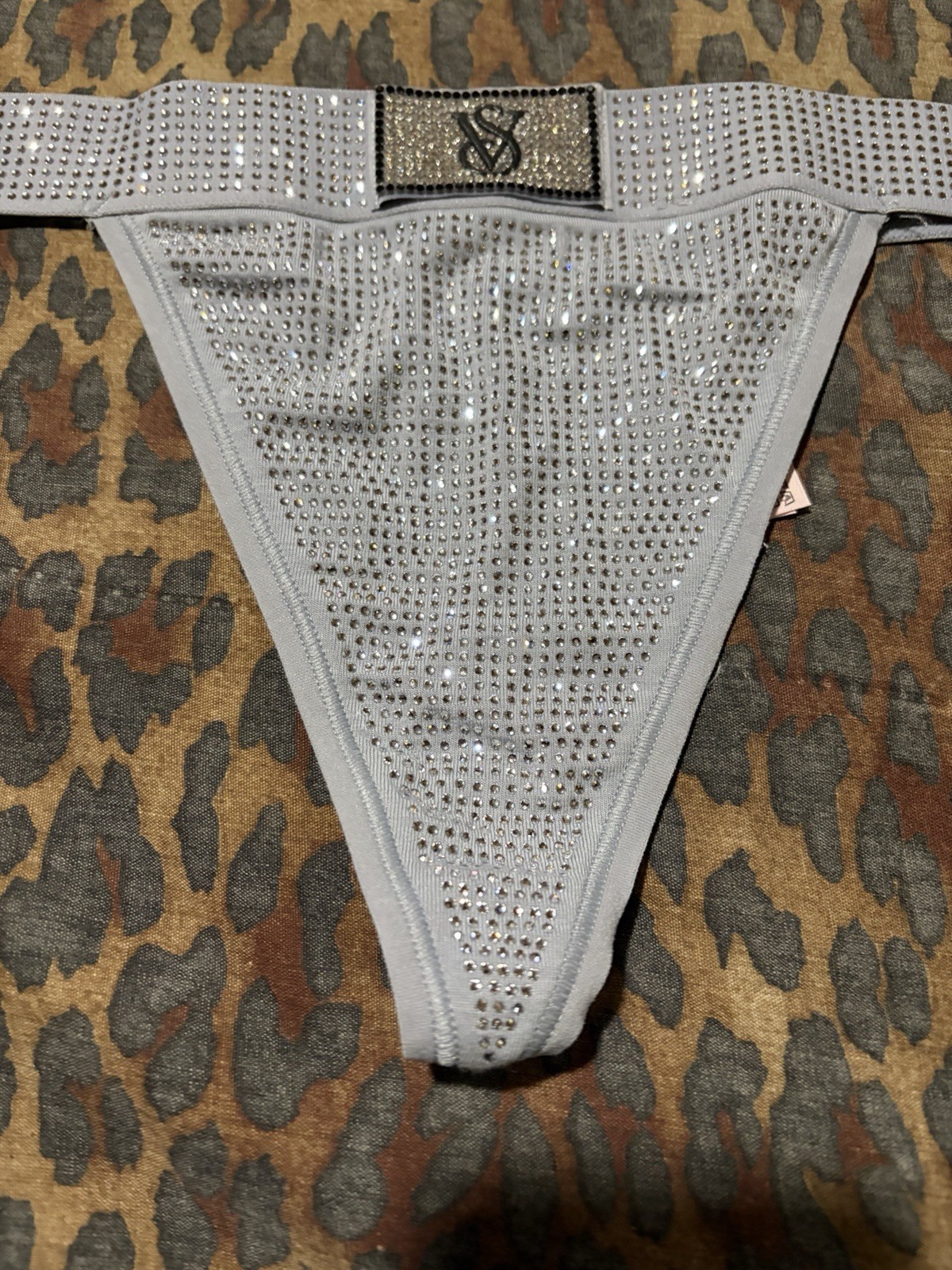 Victoria Secret Gray Allover Rhinestone Shine Logo Patch V String NWT XS/S/M/L/X