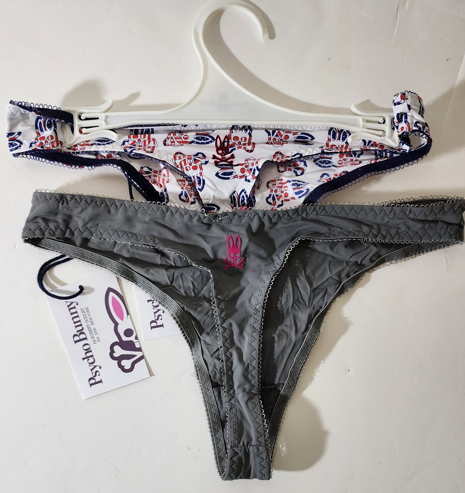 AUTHENTIC Psycho Bunny Women’s Thong Panties 2 Pcs White Navy & Gray Size S NEW