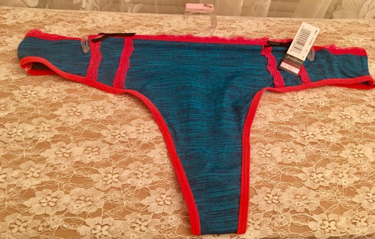 Jennifer Lauren Plus Size Thong Panty 4X 11 Teal Pink Lace Trim