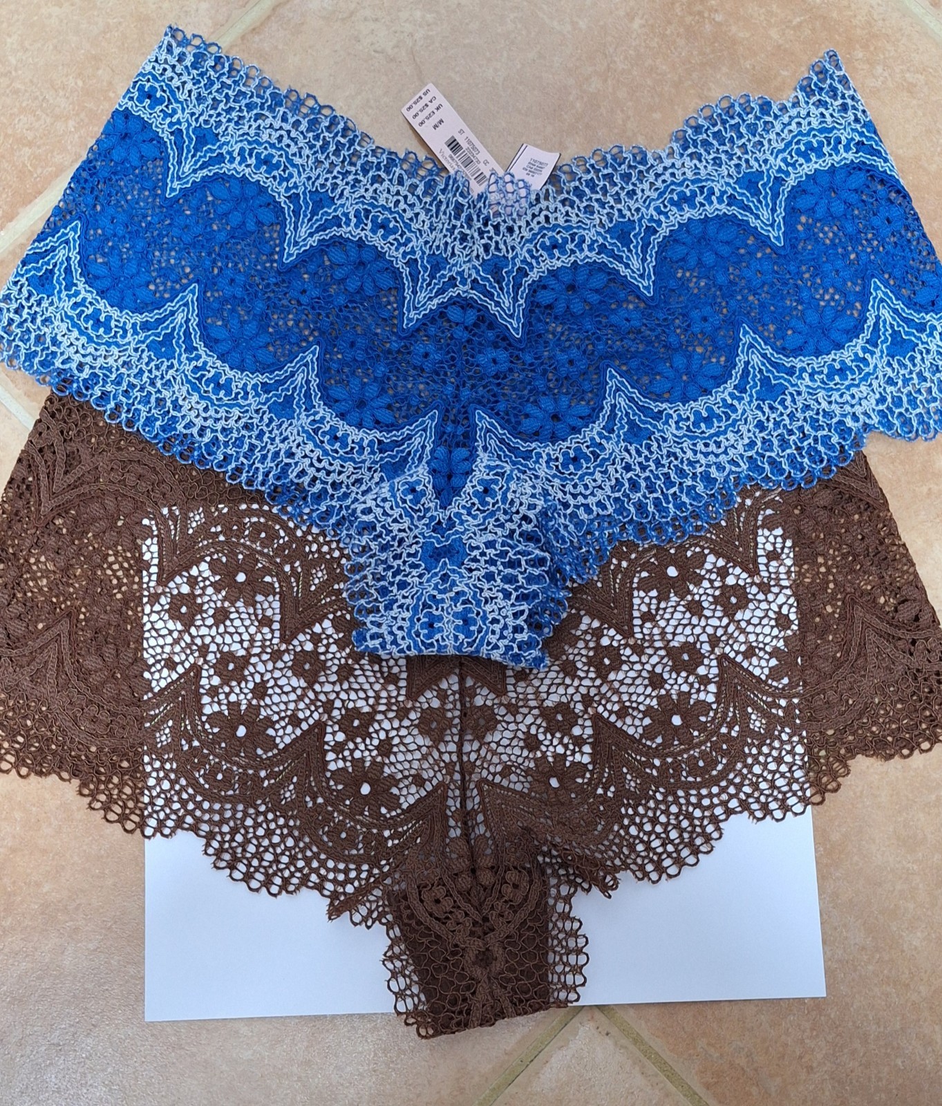 2 New Victoria’s Secret Shortie Size M Crochet Lace Blue White Sheer And Brown .