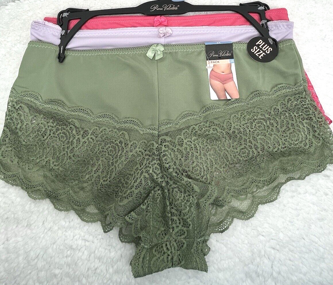 Prima Valentina Women’s Boyshort SZ 2XL 3-Pk Sexy Lace Panties Coral Olive Green