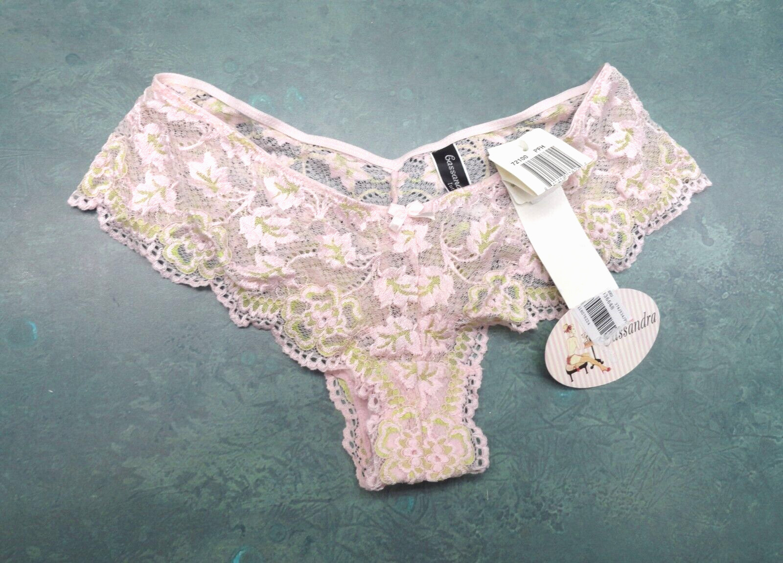 S-SMALL CASSANDRA 72100 PINK GREEN LACE HIGH CUT HIPSTER PANTIES New OLD STOCK