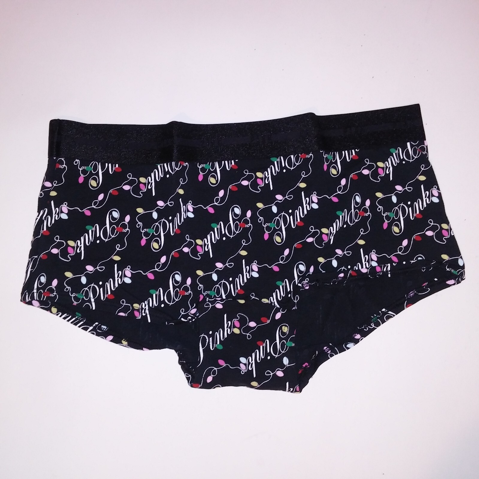 Victoria Secret PINK Panty Boyshort Shortie Black Multi Christmas Lights Logo