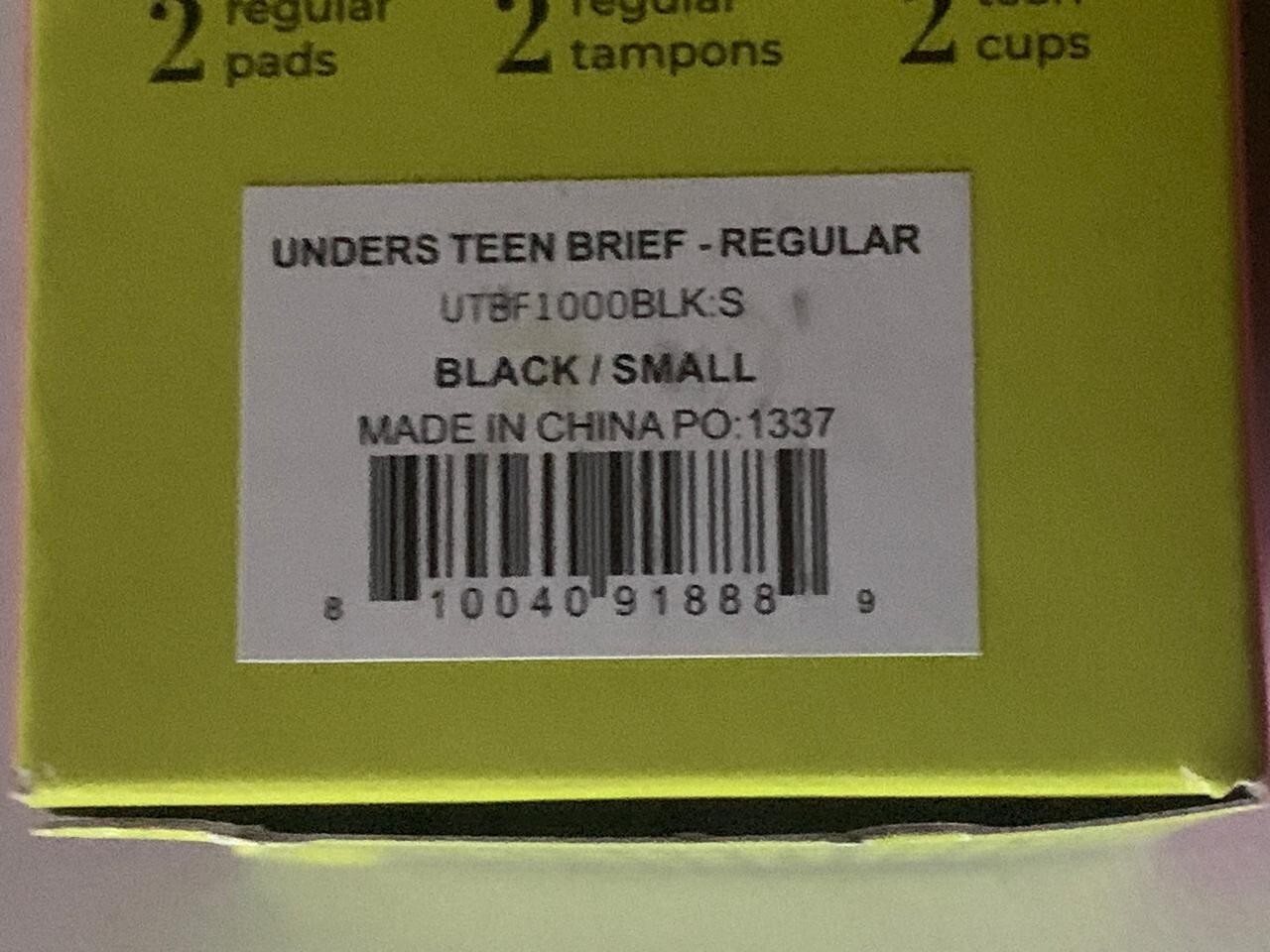 Lot of 2, Unders Teen Brief Regular black small & medium. Slightly damaged box.