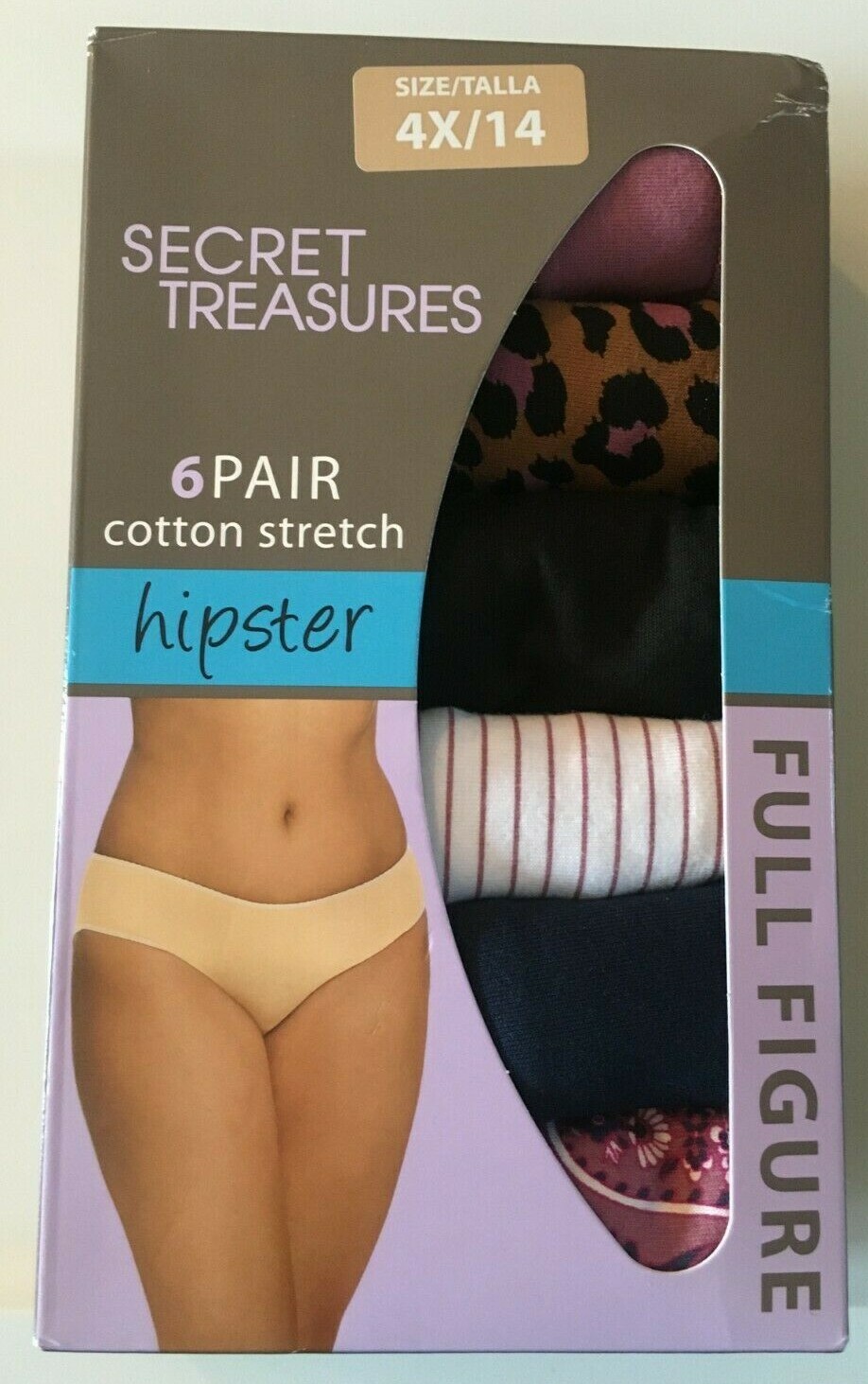 Womens Hipster Panties Size 4X/14 Full Figure Stretch 6 Pair Pkg Solids-Patterns