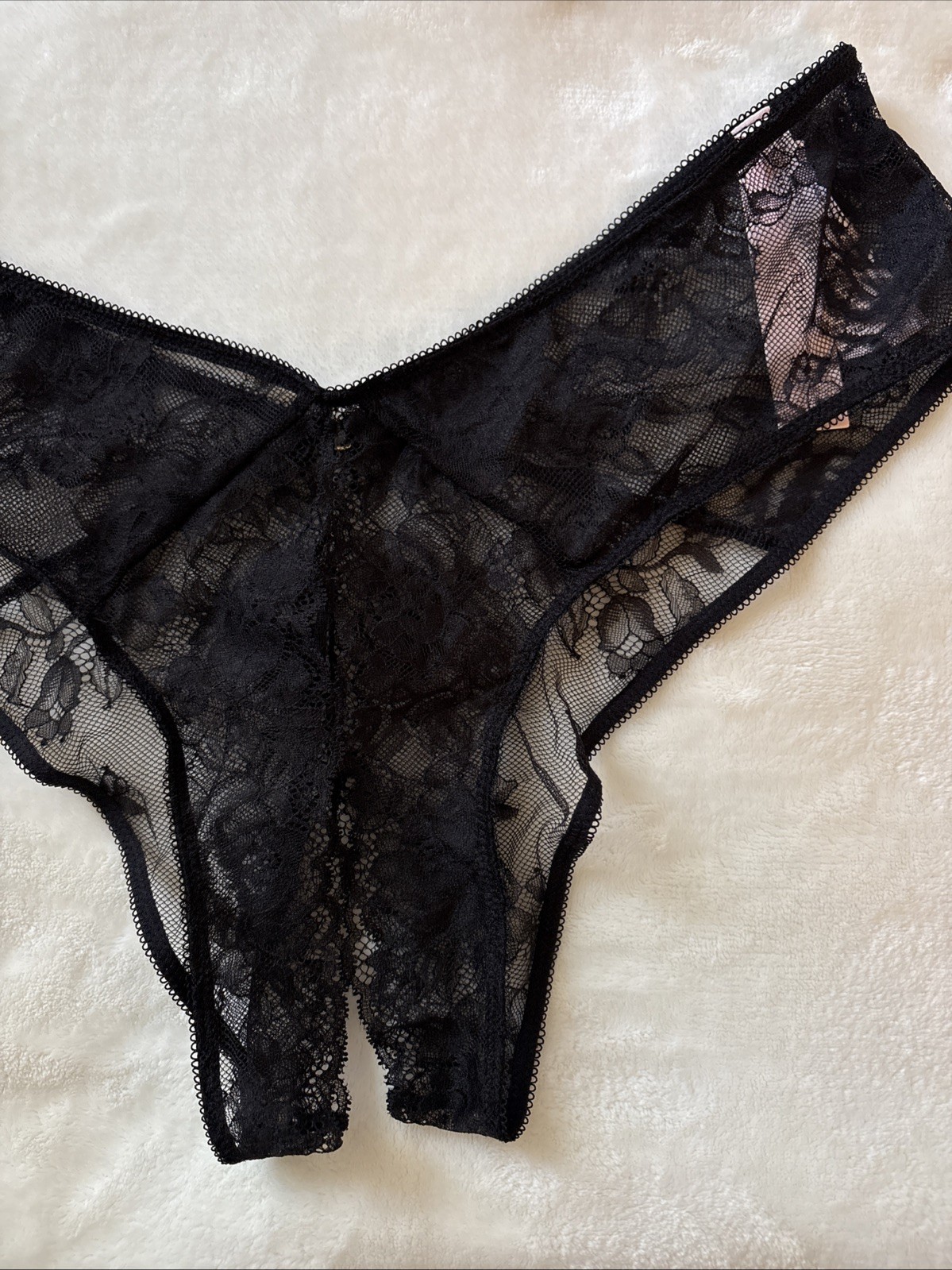 Victoria’s Secret Panties High Leg Cheeky Panty Black Floral Lace Crotchless XL
