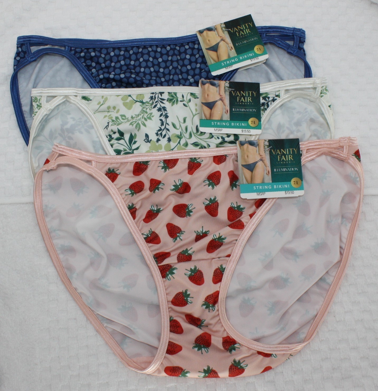 NWT set/3 VANITY FAIR ILLUMINATION STRING BIKINI 18108 DENIM DOT STRAWBERRY LEAF