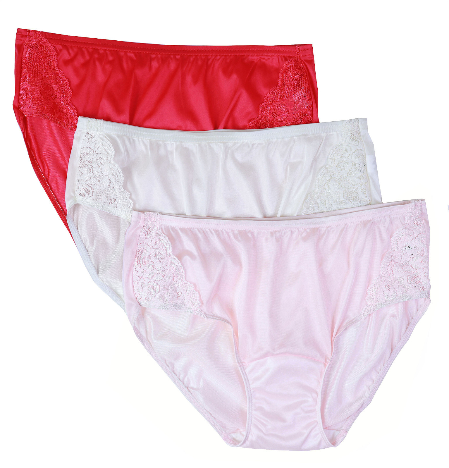 Shadowline Underwear Women’s Hipster Red Pink Ivory Nylon Panties w Lace 3 Pack