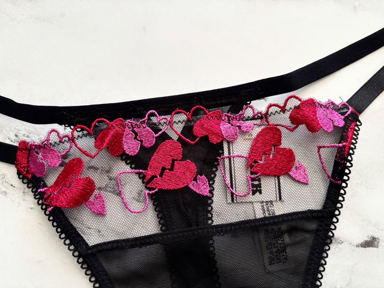 PINK Victoria’s Secret String Thong Panty Black Mesh Heart Wink S M XL 2XL