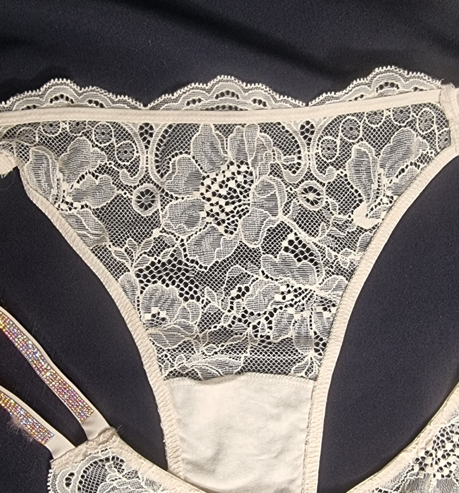 Victoria’s Secret Double Shine Crystal Lace Very Sexy Brazilian/Slip White Sz M