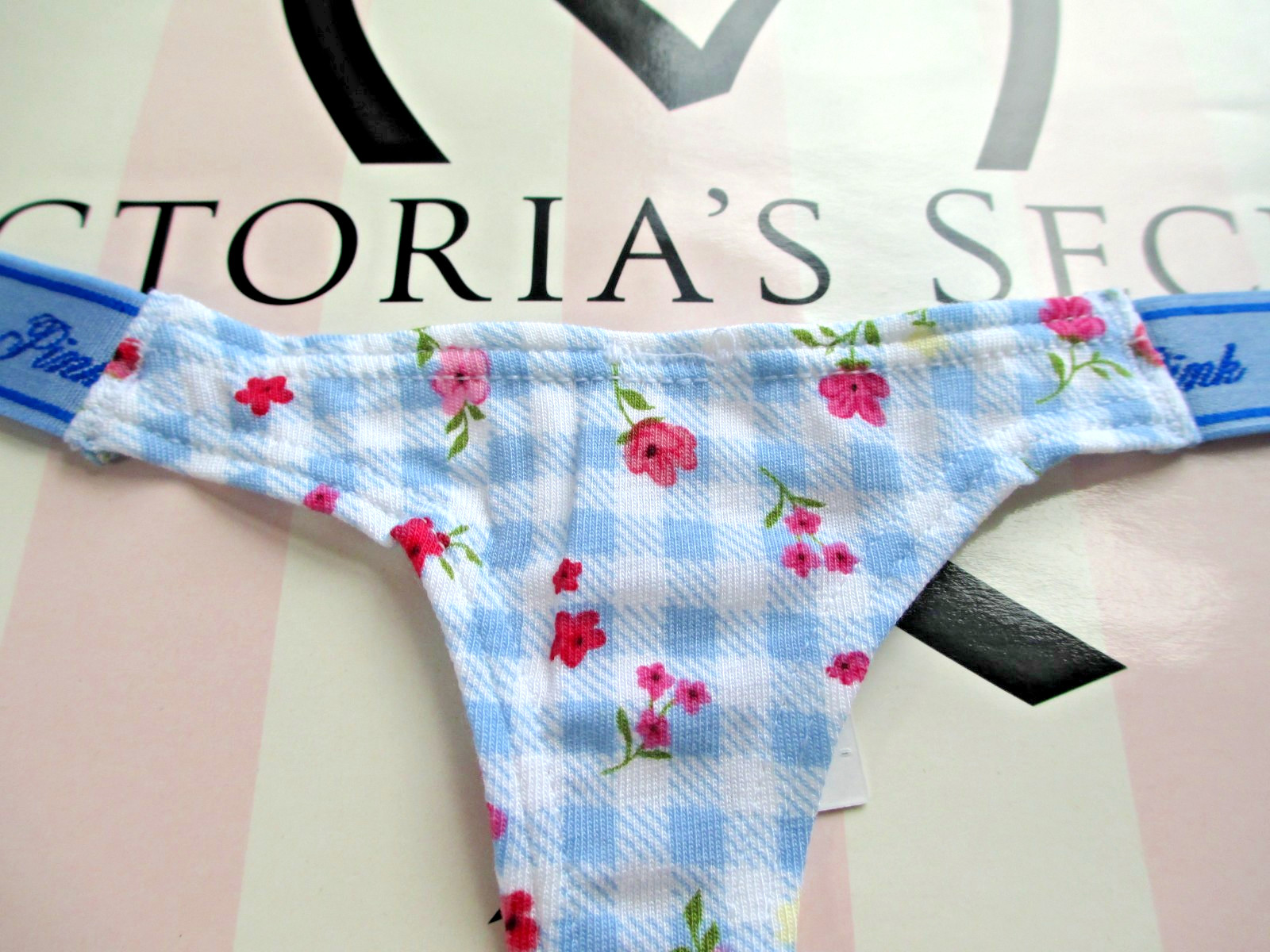 VICTORIA’S SECRET PINK Cotton High Leg Thong Micro Panty S M L Blue NWT Gingham