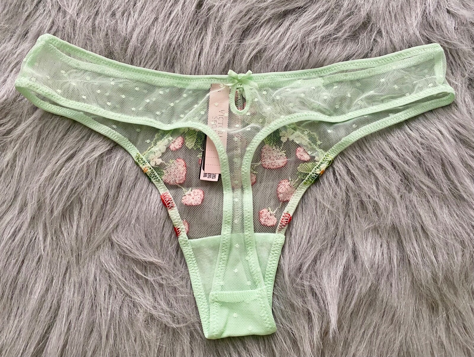 Victoria’s Secret Thong Panty Green Mesh w/ Strawberry Embroidery Sexy S M