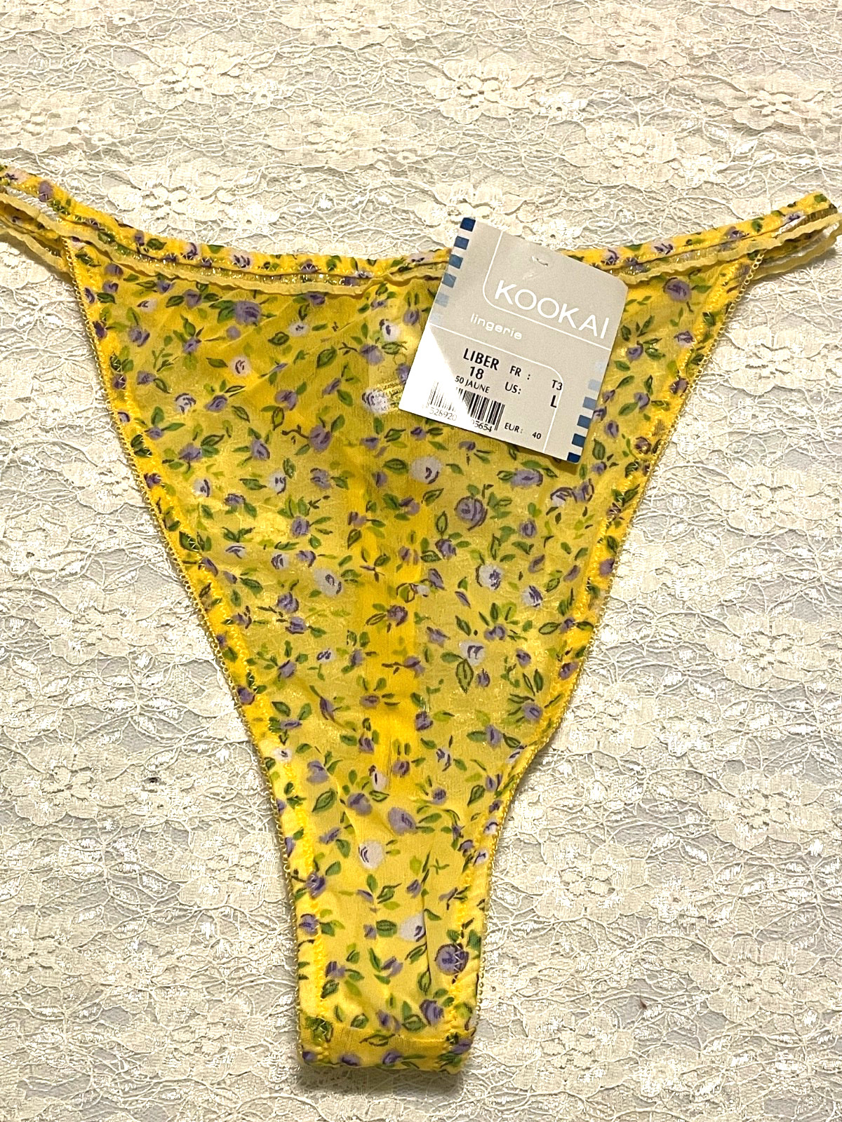 Kookai Lingerie Thong Panty L Spring Yellow Floral Print